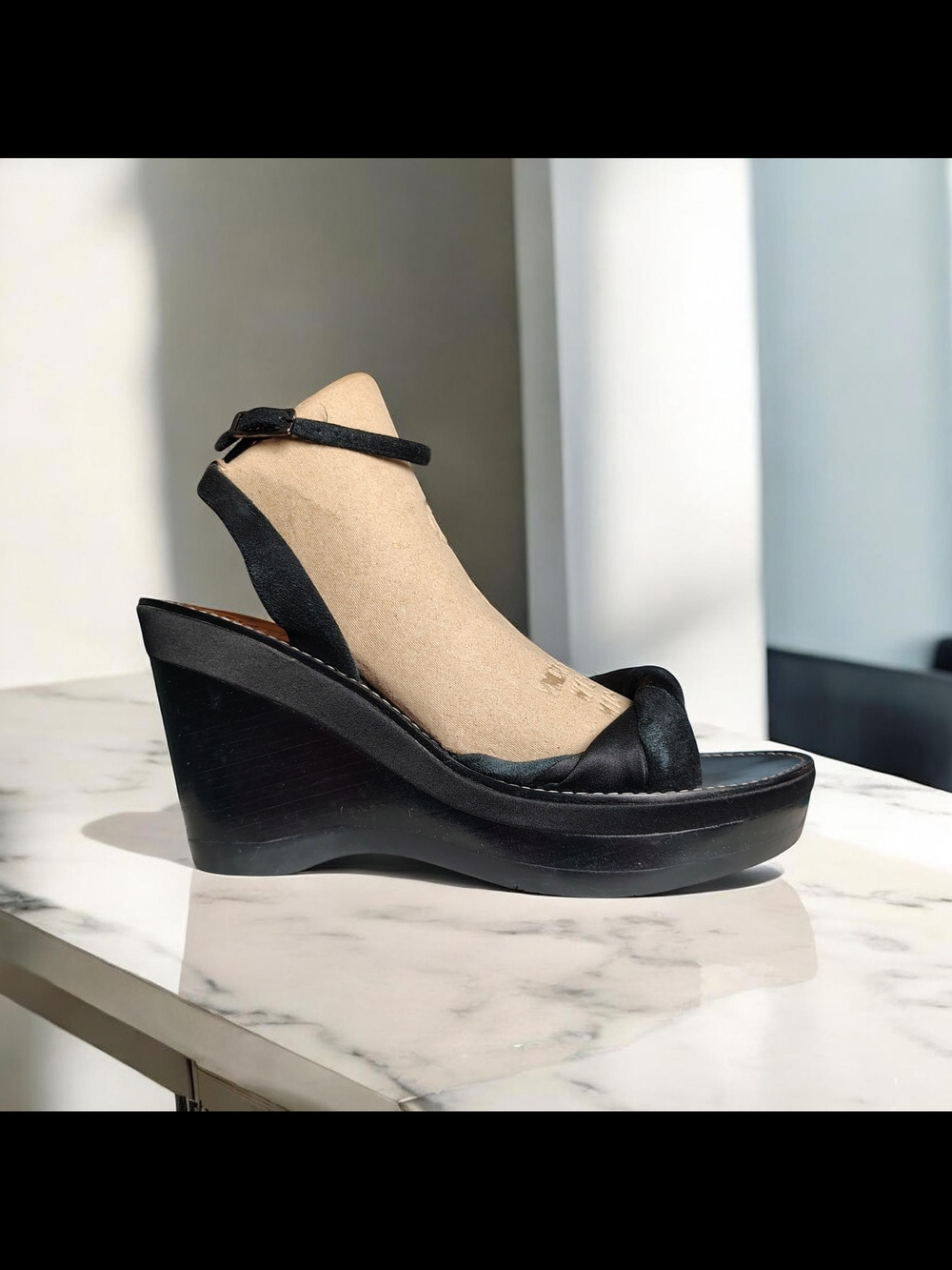 Cole Haan Women's Black Suede Ankle Strap Wooden Wedge Sandals Size 9 B